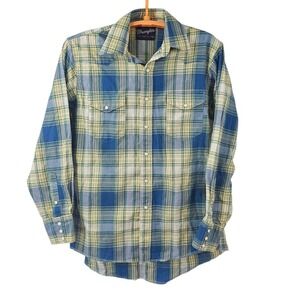 VTG Wrangler X-Long Tails Plaid Pearl Snap Medium Button Up Western Shirt